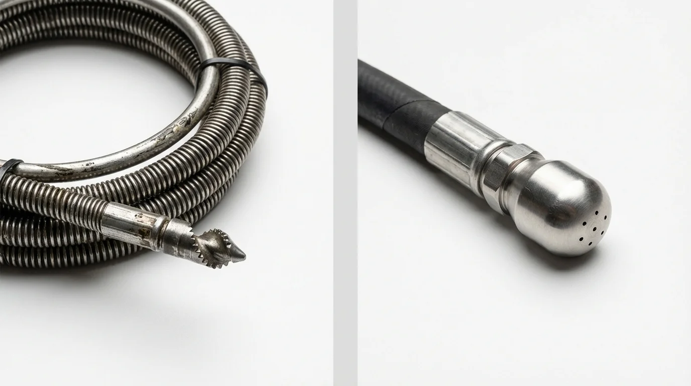 Drain snake cable and hydro jetting nozzle used for drain cleaning in Pearsall, TX