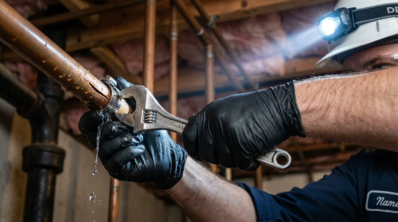 Emergency pipe clamp repair being performed by a Johns Plumbing LLC plumber in Pearsall