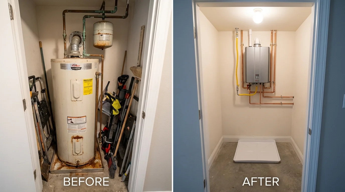 Tank water heater versus wall-mounted tankless unit comparison for Pearsall, TX homeowners