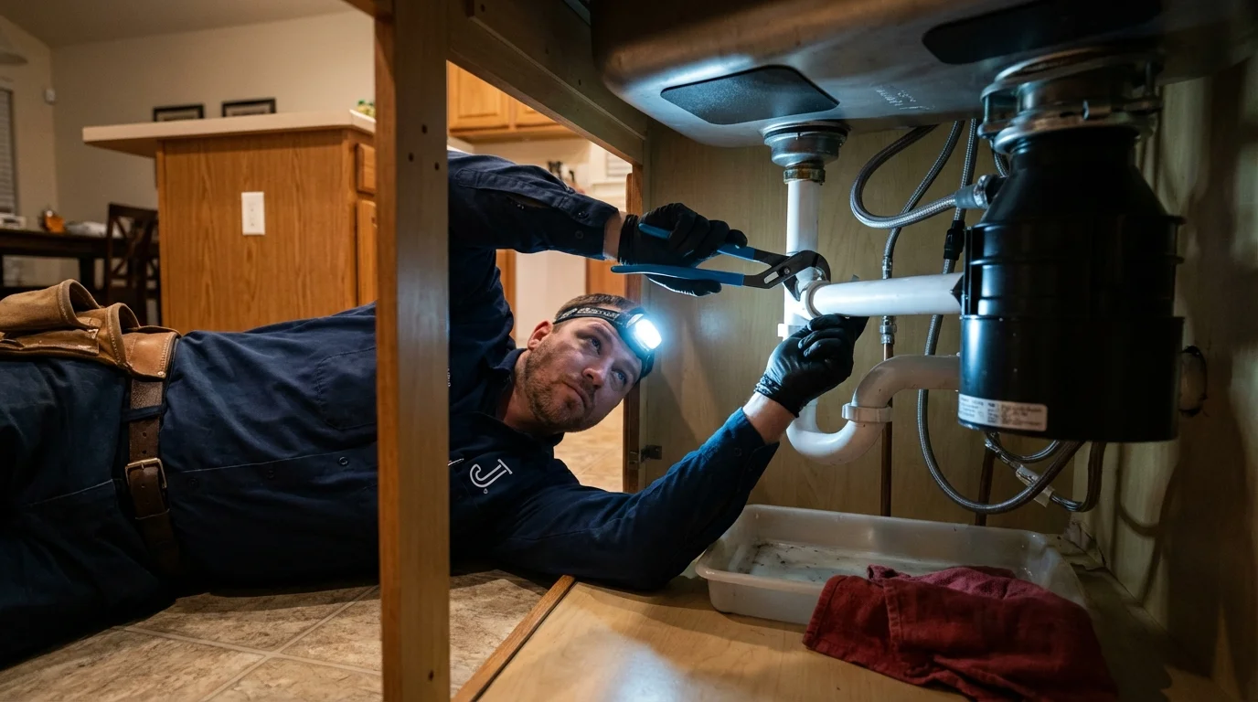 P-trap and supply line connections under a kitchen sink showing a common leak point in Pearsall, TX
